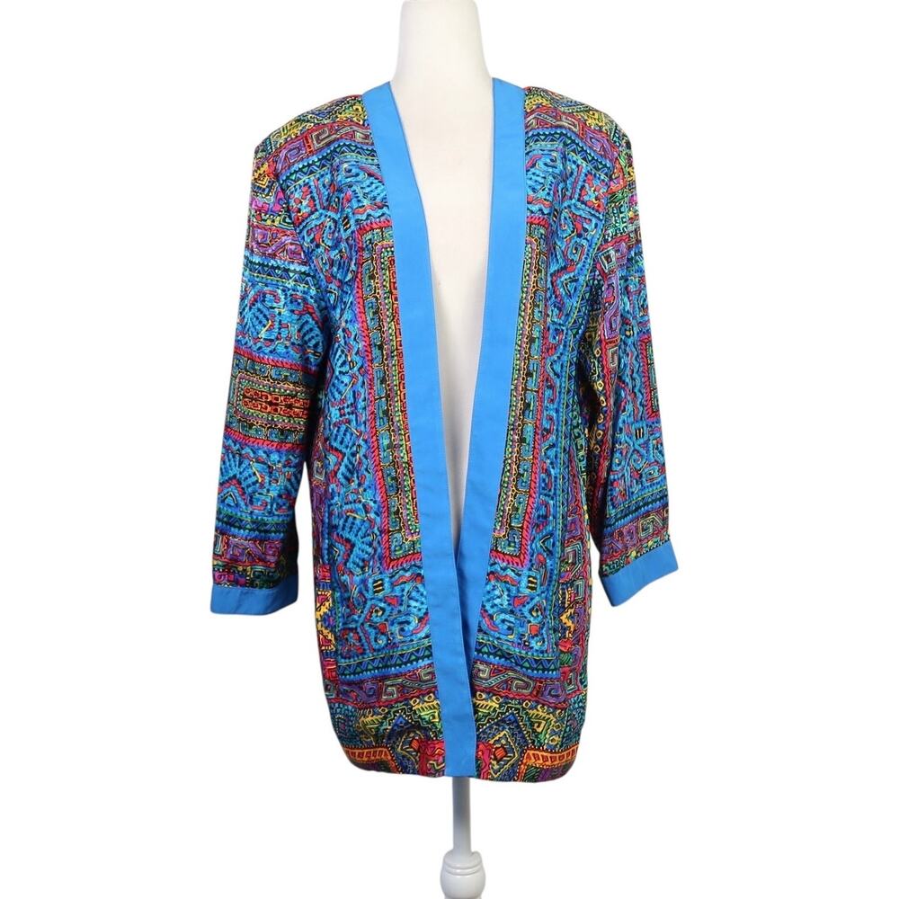 Vintage 80s Howard Wolf Blue Multicolor Geometric Tribal Print Jacket 10
